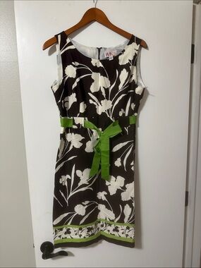 R&K Black and White Floral Midi Dress with Green Sash